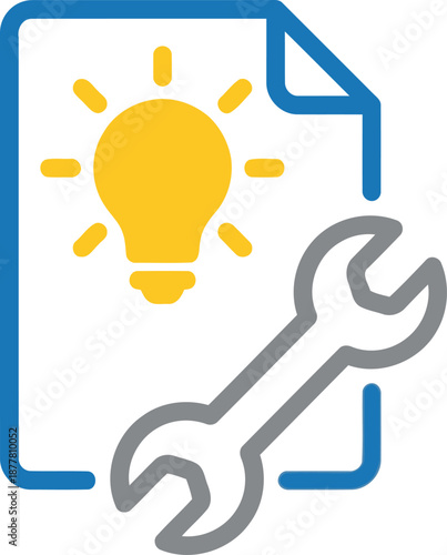 A creative idea document with a lightbulb and wrench symbolizes problem solving and innovation management