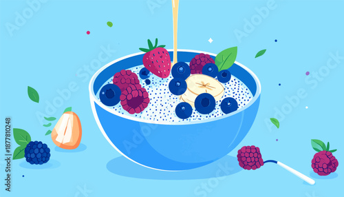 A vibrant cartoon bowl of oatmeal adorned with fresh berries and banana slices, with a drizzle of milk