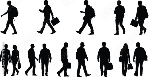 Collection of diverse walking people silhouettes men and women with bags and briefcases isolated on white background for business and lifestyle concepts