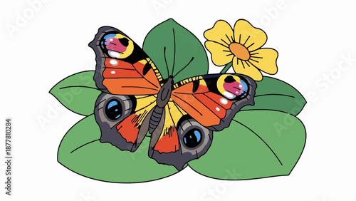 A vibrant peacock butterfly rests on lush green leaves with a yellow flower nearby