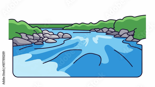 A vibrant cartoon depiction of a winding river flowing through a rocky, forested landscape