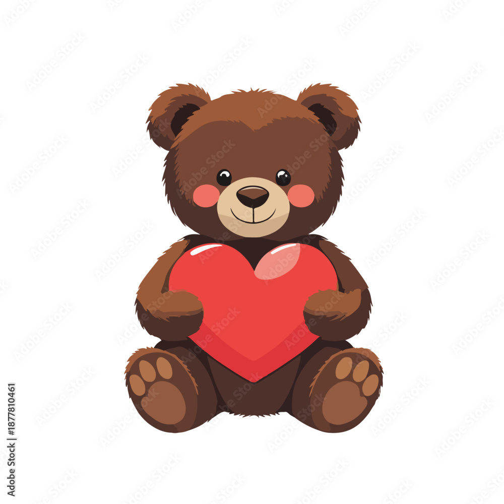 Fototapeta premium Cute Brown Teddy Bear Holding Red Heart Flat Vector
