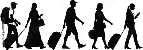Traveler silhouette collection of people walking with suitcases and backpacks for airport travel vacation journey and international tourism isolated on white background for design.
