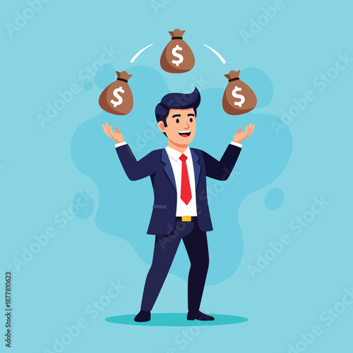 Businessman juggling money bags financial success concept.
