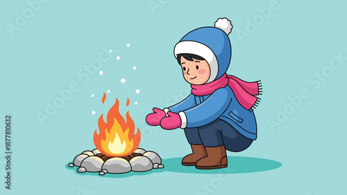 A child warms hands by a campfire in the snow.