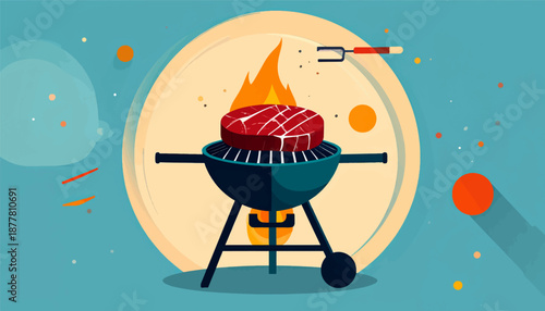 A thick steak grills over a fire on a barbecue with a fork poised above