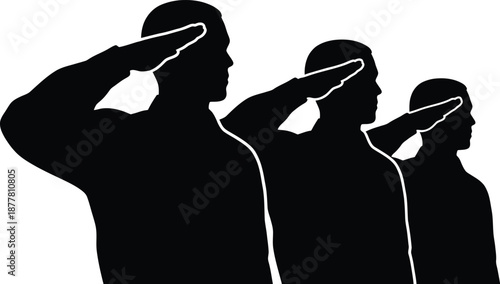 Three soldiers in silhouette saluting representing military service and patriotism isolated on a white background for conceptual use