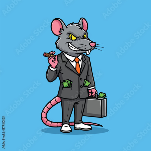 Cartoon Rat Businessman Holding Cigar and Briefcase.