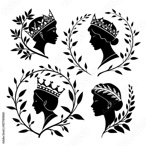 Silhouettes of royalty with crowns and laurel wreaths