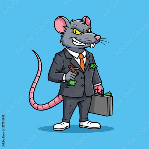 Cartoon Rat Businessman Holding Money and Cigar.