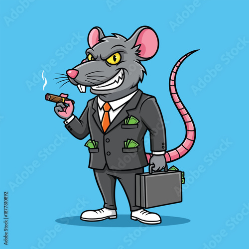 Cartoon Rat Businessman Smoking Cigar Holding Briefcase.