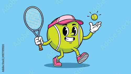 Cartoon Tennis Ball Character Playing Tennis with Racquet and Ball.
