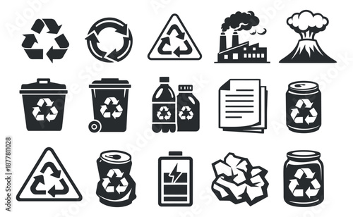 Glyph recycling and waste icon set featuring various recycle symbols, trash bins, plastic bottles, papers, and pollution elements for environmental protection