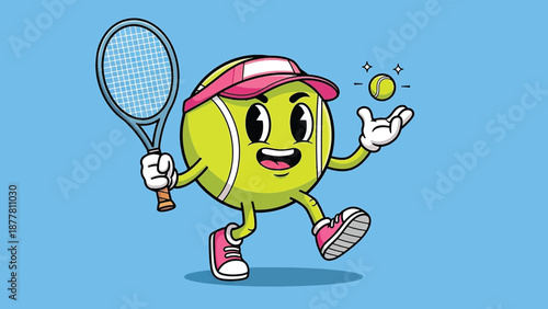 Tennis Ball Character Playing Tennis with Racquet and Ball.