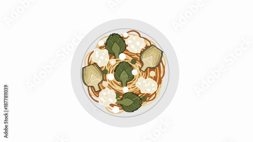 A top-down pixel art illustration of a plate of spaghetti with artichokes and cheese