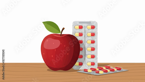 A vibrant red apple with a green leaf sits beside two blister packs of red and yellow capsules on a wooden surface