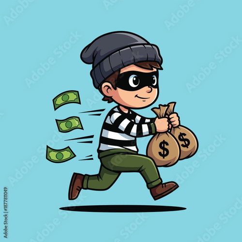 Cartoon Thief Running with Bags of Money.