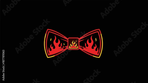 A vibrant red bow tie graphic with flames and a yellow outline against a black background