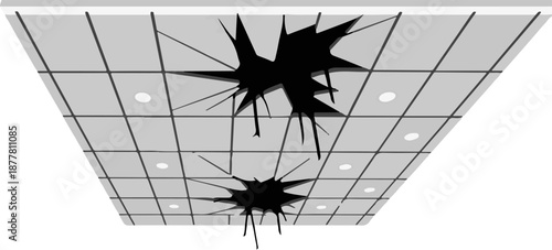 A tiled ceiling with two large black holes and several circular lights