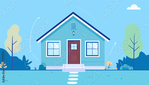A stylized illustration of a serene blue house with windows and a door, set against a clear sky with a fluffy white cloud and surrounding green and blue foliage