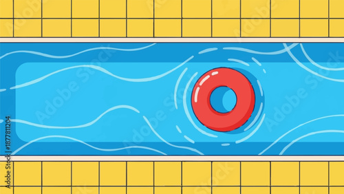 A vibrant red float drifts on the blue water of a tiled swimming pool