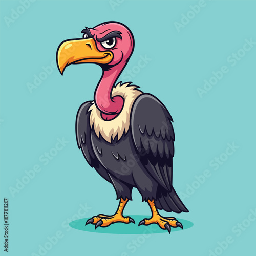 Cartoon Vulture Bird Standing on a Teal Background.