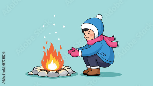 Child Warming Hands by Campfire in Snowy Winter.