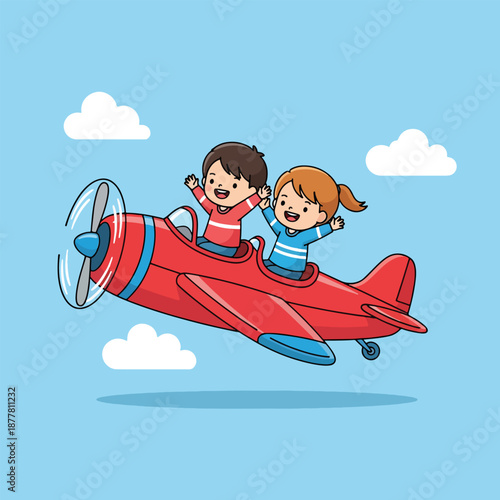 Children Flying in a Red Airplane Cartoon.