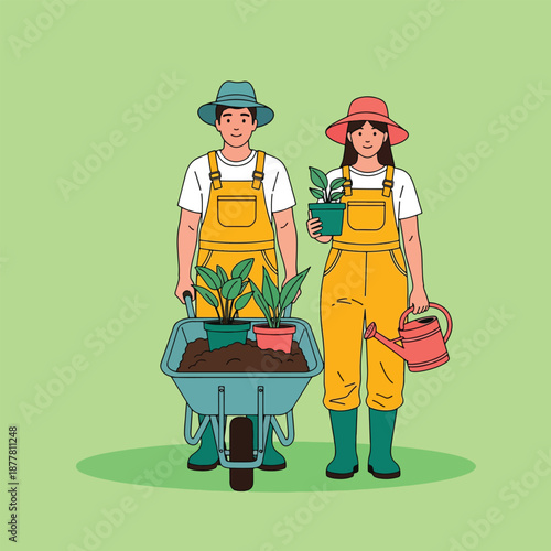 Couple Gardening Together with Plants and Wheelbarrow.