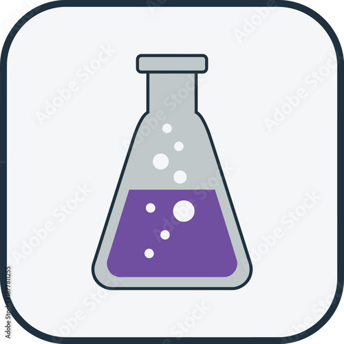 Chemistry equipment depicted as an Erlenmeyer flask filled with a vibrant purple solution