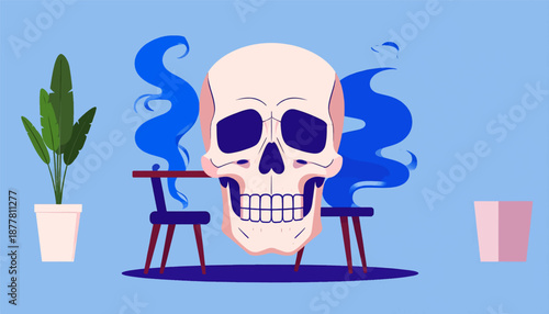 A stylized illustration of a skull with blue smoke, plants, and furniture