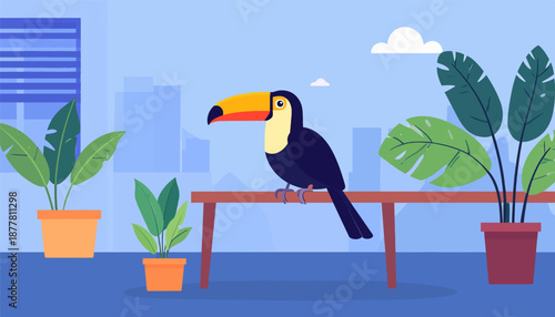 A toucan perches on a table amidst potted plants with a city skyline backdrop