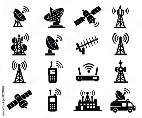 Black silhouette communication icon set featuring satellite dishes, towers, and wireless devices for global networking