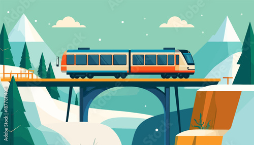 A train travels across a bridge over snowy mountains and forests
