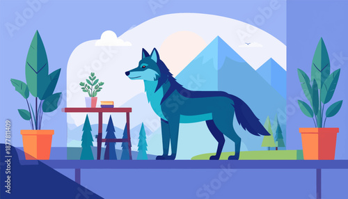 A stylized wolf stands beside potted plants against a serene mountain backdrop with a bird in the sky