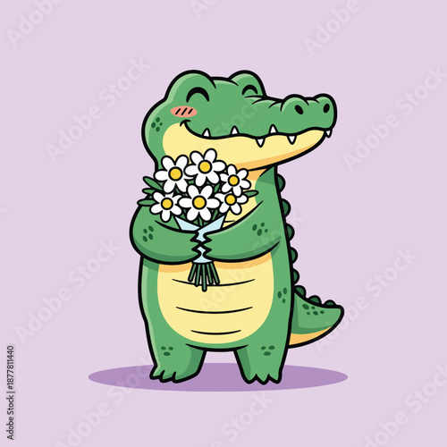 Cartoon alligator holding a bouquet of daisies.