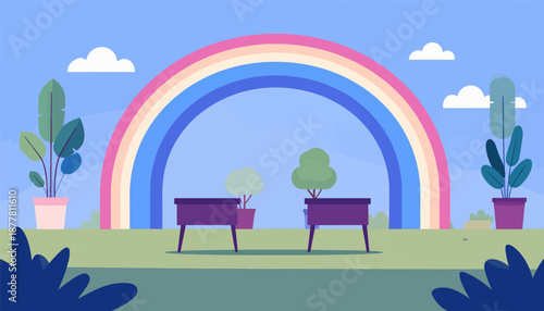A stylized outdoor scene with a vibrant rainbow, potted plants, and two tables under a clear blue sky