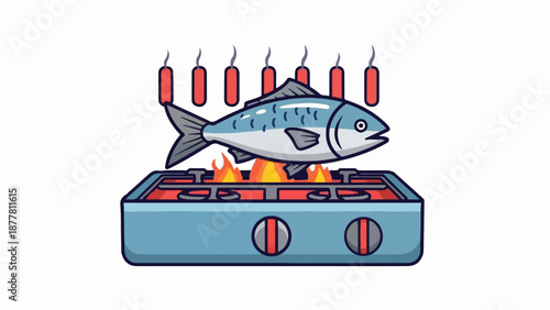 A stylized fish is grilled over a blue stove with red flames, suspended by red ropes above
