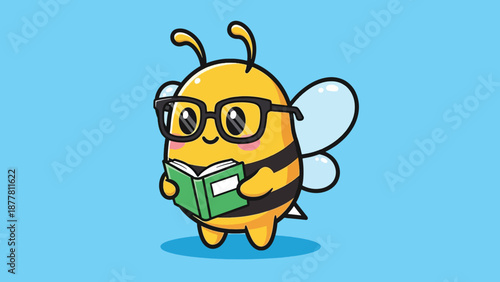 Cute cartoon bee wearing glasses reading book.