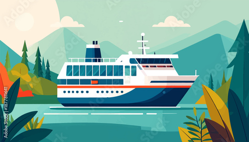 A stylized ferry sails on calm water, surrounded by lush foliage and distant mountains under a gentle sun