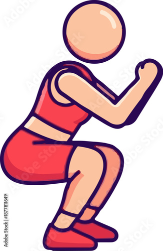 A stylized figure performs a squat exercise, emphasizing muscular engagement and active movement