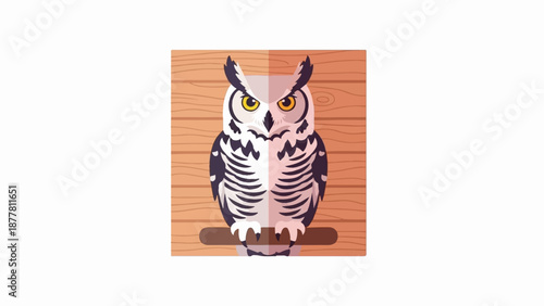 A stylized owl with striking yellow eyes sits perched on a wooden perch against a wooden background
