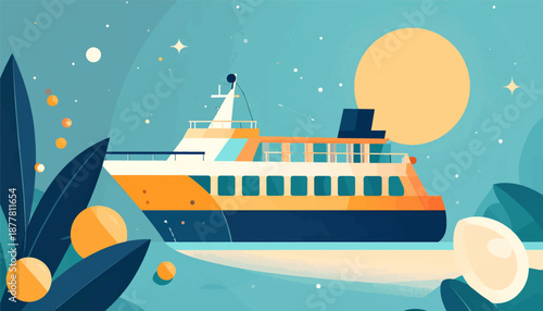 A stylized ferry travels across tranquil water under a large sun and starry sky