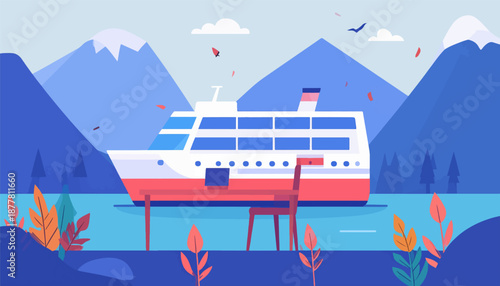 A stylized passenger ship docks near mountains under a sky with clouds and falling petals