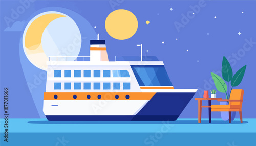 A stylized passenger ship sails on calm blue water under a starry night sky with a large moon