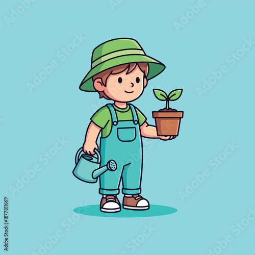 Cute Cartoon Boy Gardener Holding Plant and Watering Can.