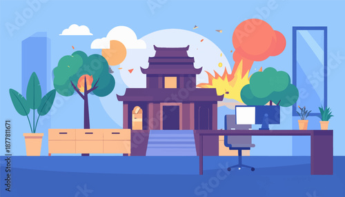 A stylized explosion erupts behind a traditional building, near a modern desk