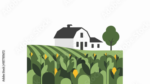 A stylized farm scene with a barn, cornfield, and a tree