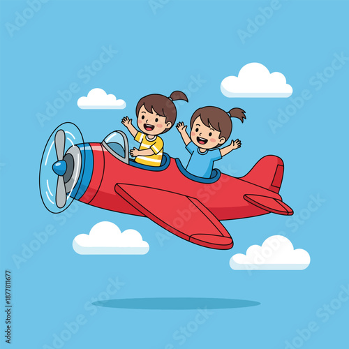 Cute cartoon children flying in a red airplane.