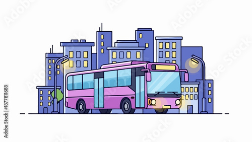 A stylized pink bus drives through a purple city at night, under streetlights